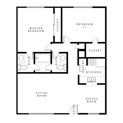 Floor plan for 2 beds, 1.5 baths, 950 sqft